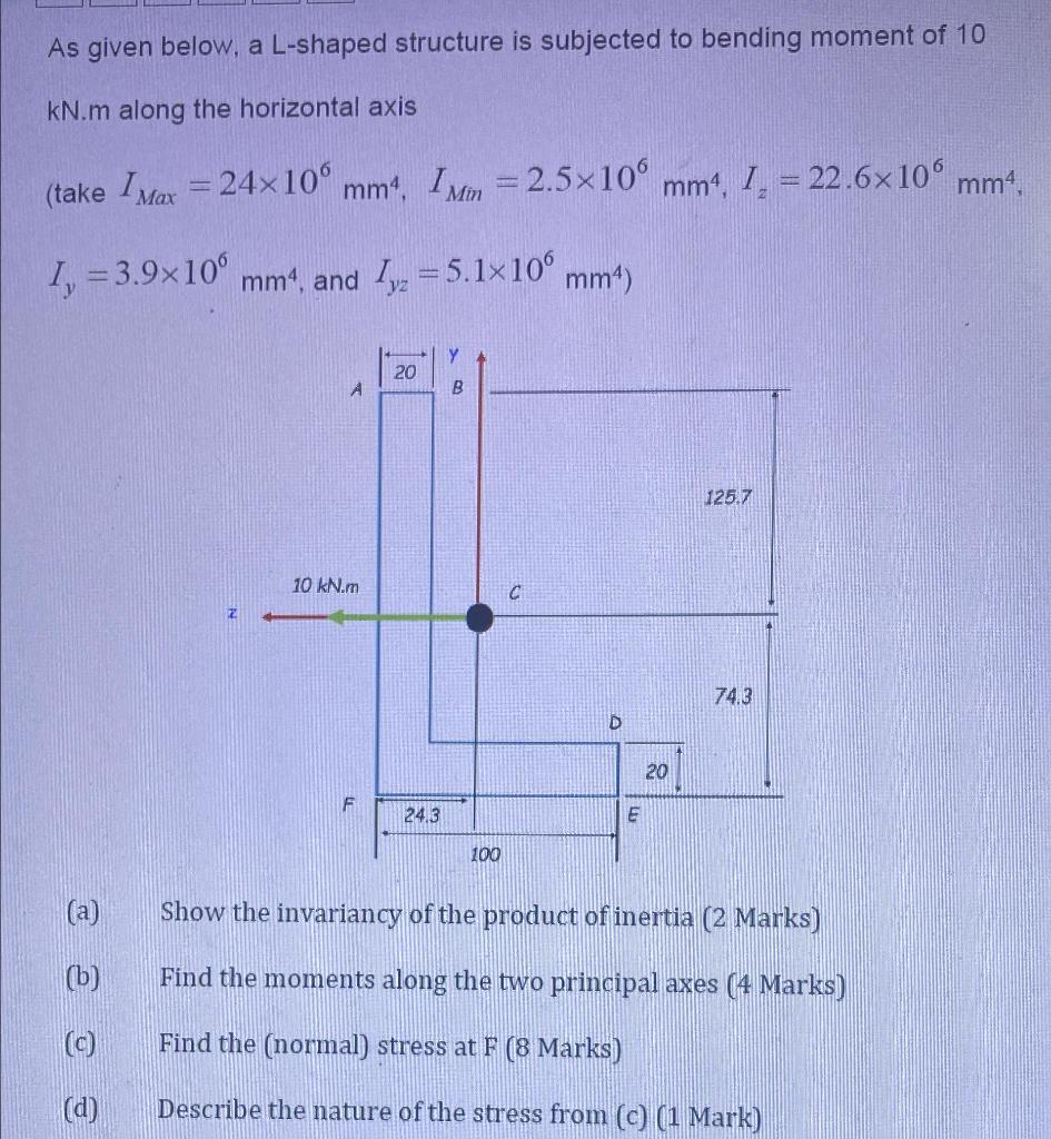 As given below, a L-shaped structure is subjected to bending moment of 10
\( \mathrm{kN} . \mathrm{m} \) along the horizontal