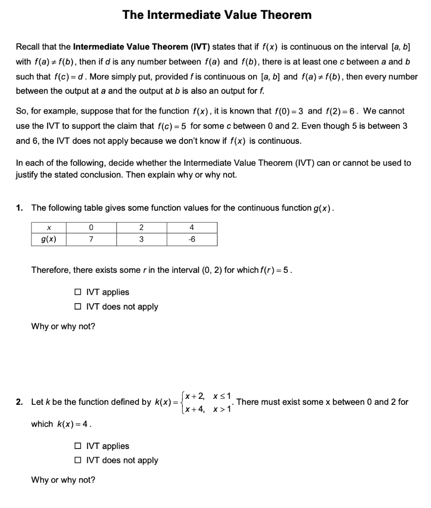 Solved The Intermediate Value Theorem Recall that the | Chegg.com