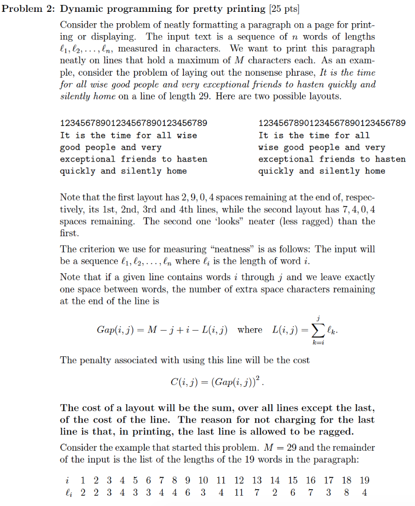Problem 2: Dynamic programming for pretty printing | Chegg.com