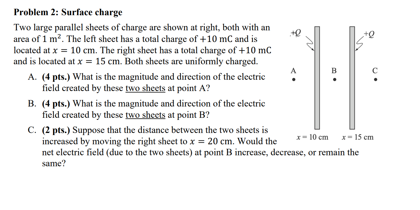 Solved +Q Š A B С 0 Problem 2: Surface charge Two large | Chegg.com