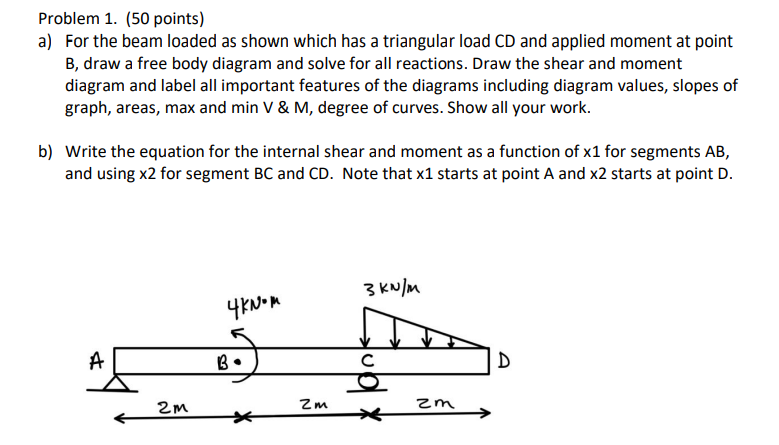 Problem 1. (50 points)
a) For the beam loaded as shown which has a triangular load CD and applied moment at point \( B \), dr