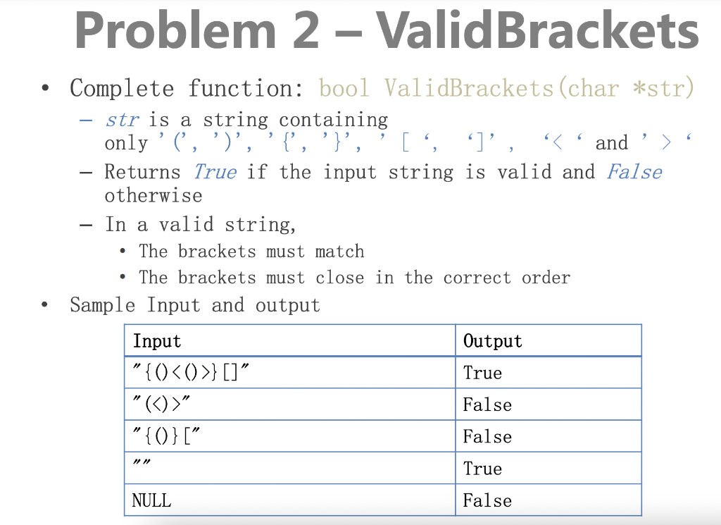 Solved Problem 2 – Valid Brackets . Complete Function: Bool | Chegg.com