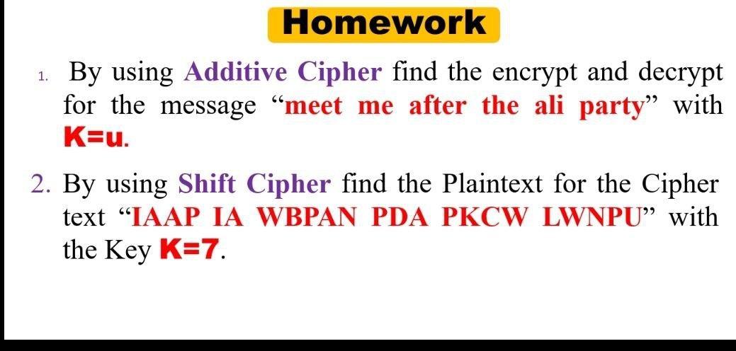 Solved 1. Homework By Using Additive Cipher Find The Encrypt | Chegg.com