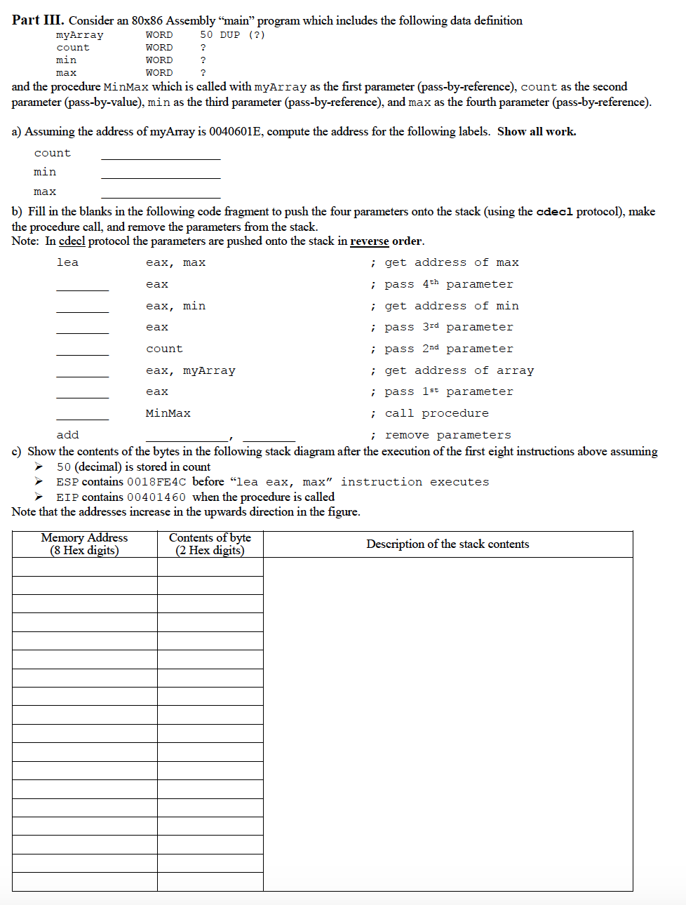 Part I. The push/pop instructions Assuming that ESP | Chegg.com