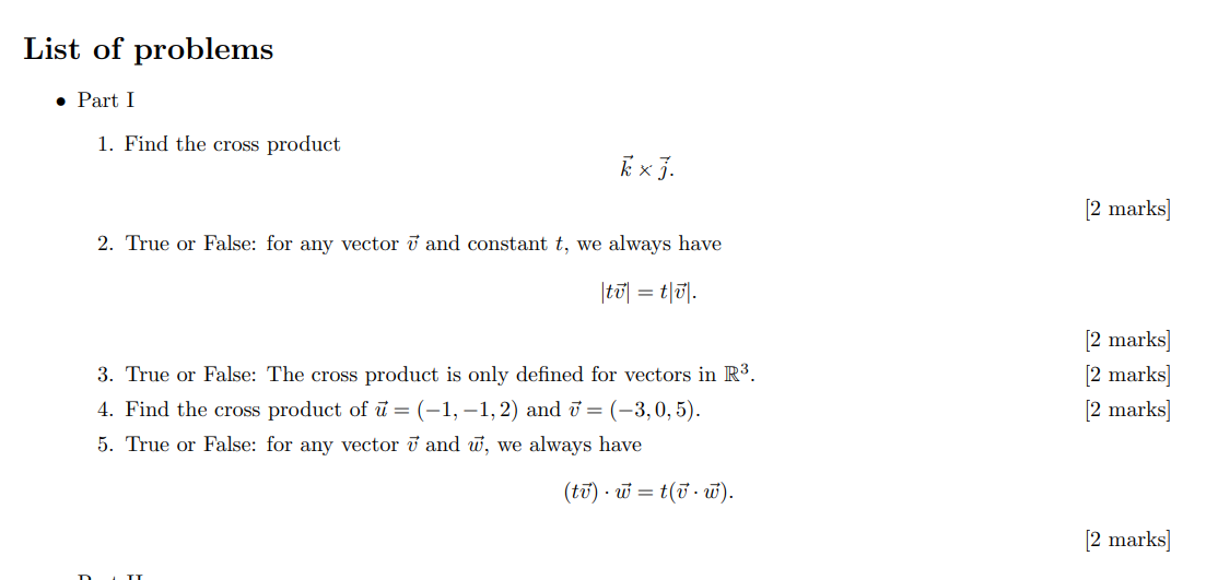 Solved List of problems • Part I 1. Find the cross product | Chegg.com