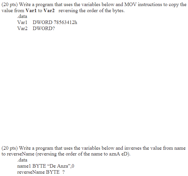 Solved (20 pts) Write a program that uses the variables | Chegg.com