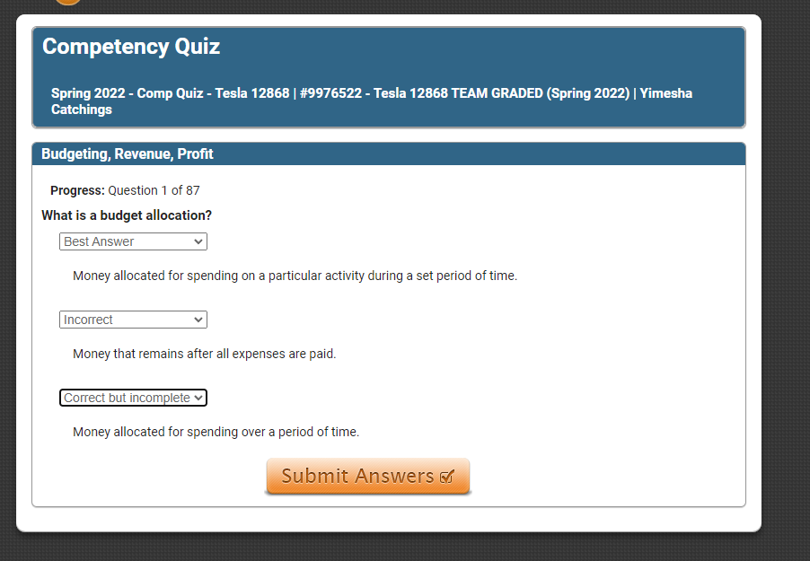 Solved Competency Quiz Spring 2022 - Comp Quiz - Tesla 12868 | Chegg.com