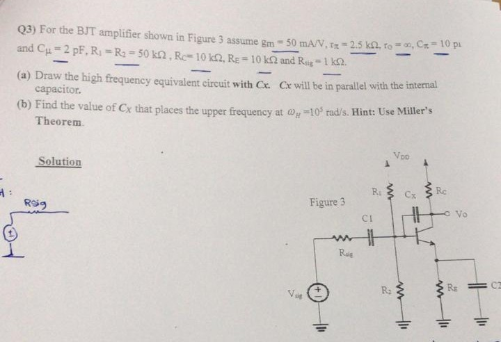 Solved Q3) For the BJT amplifier shown in Figure 3 assume Em | Chegg.com