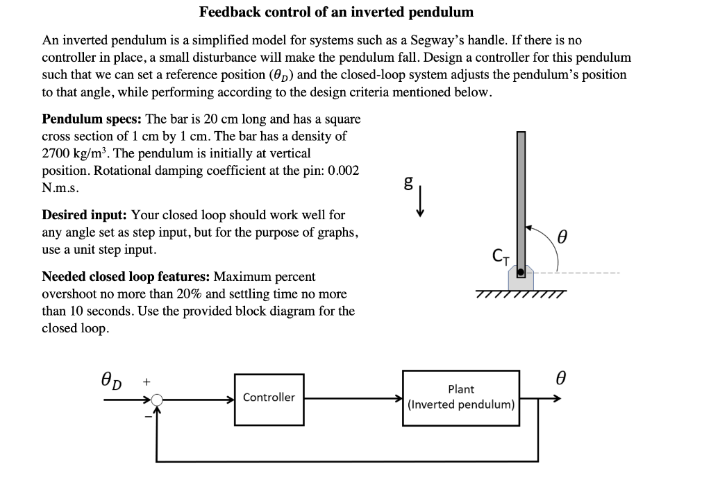 Solved Feedback Control Of An Inverted Pendulum An Inverted Chegg