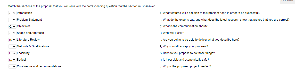 Solved Match the sections of the proposal that you will | Chegg.com