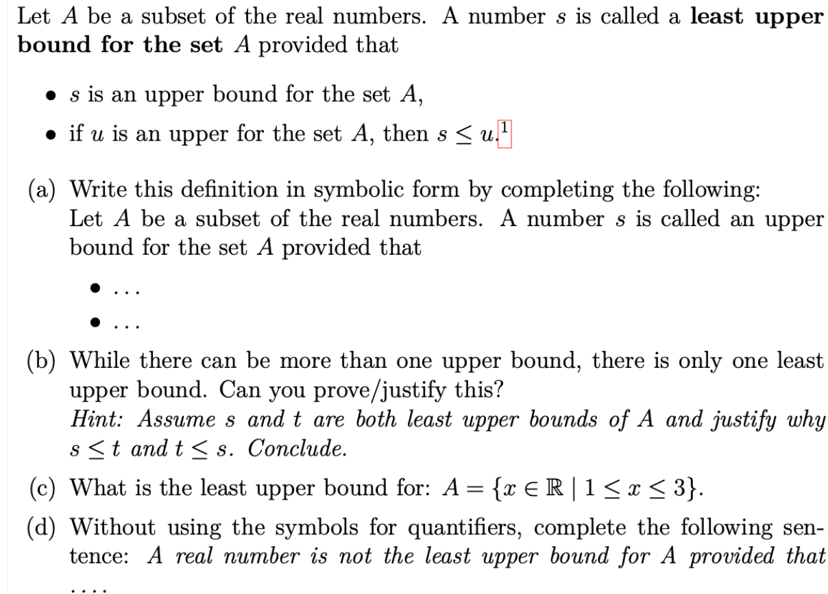 Solved Let A Be A Subset Of The Real Numbers. A Number S Is | Chegg.com