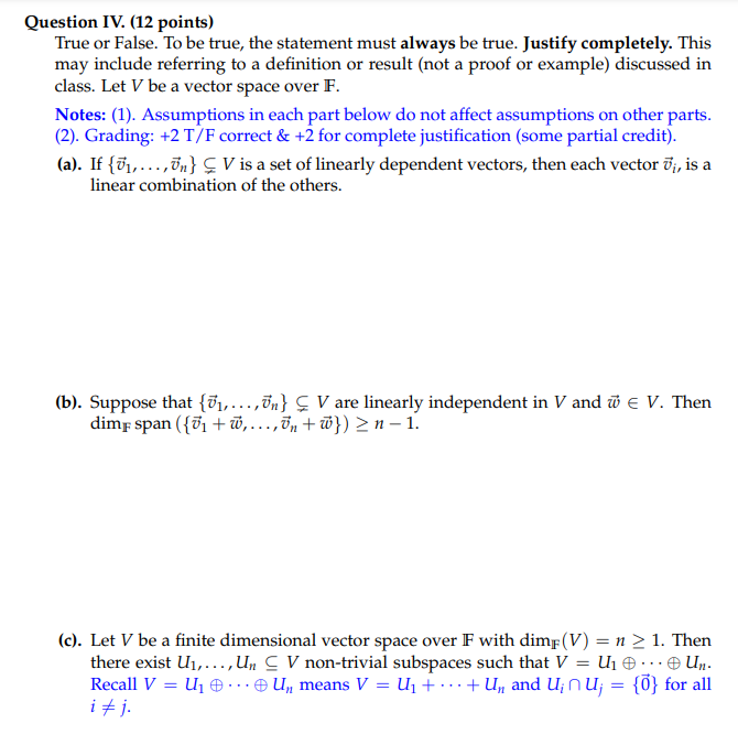 Question Iv 12 Points True Or False To Be True Chegg Com