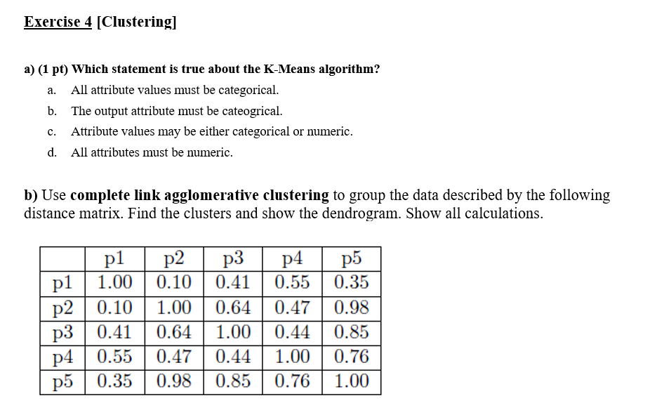 Solved Exercise 4 (Clustering] a) (1 pt) Which statement is | Chegg.com