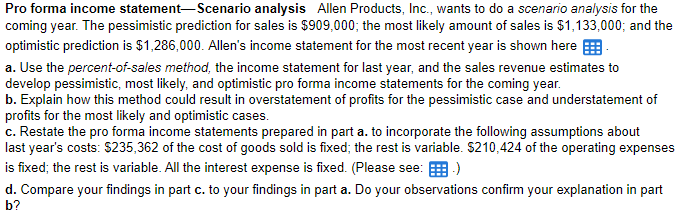 Pro forma income statement-Scenario analysis Allen | Chegg.com
