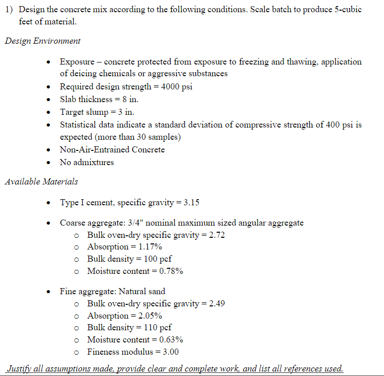 Solved 1) Design The Concrete Mix According To The Following | Chegg.com