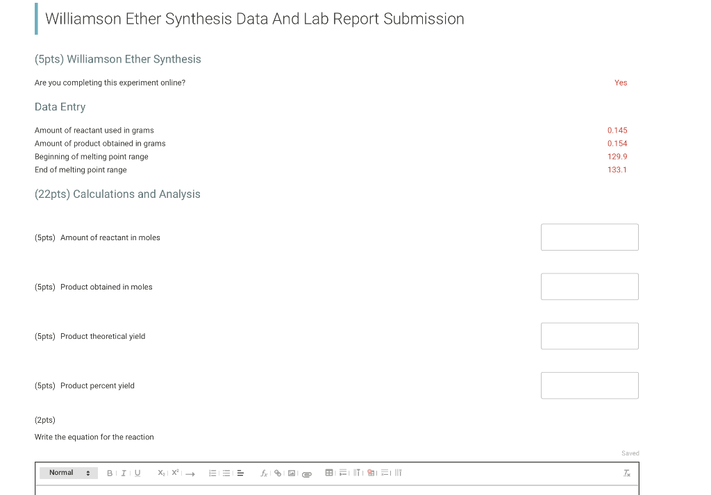 Williamson Ether Synthesis Data And Lab Report | Chegg.com