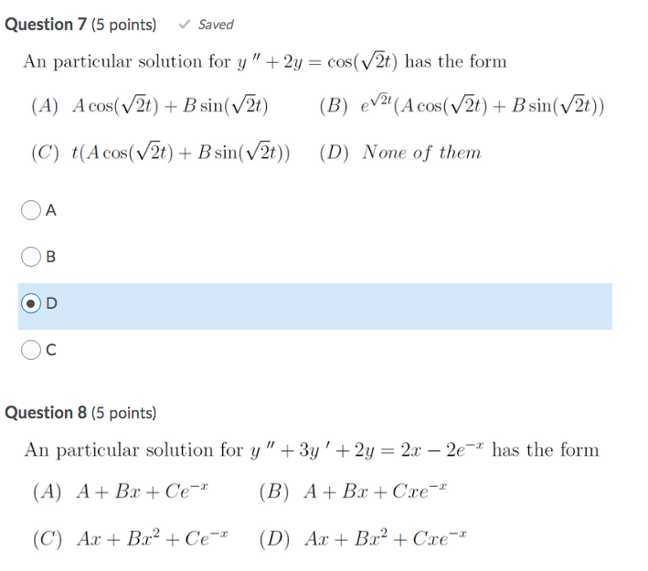 Solved Question 7 5 Points Saved An Particular Solution 1422