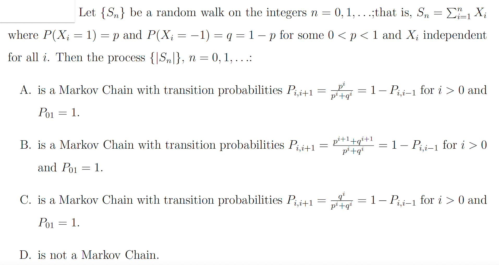 Solved Let {Sn} be a random walk on the integers n=0,1,…; | Chegg.com