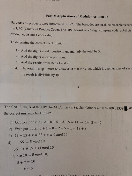 Solved Part 2: Applications Of Modular Arithmetic Barcodes | Chegg.com