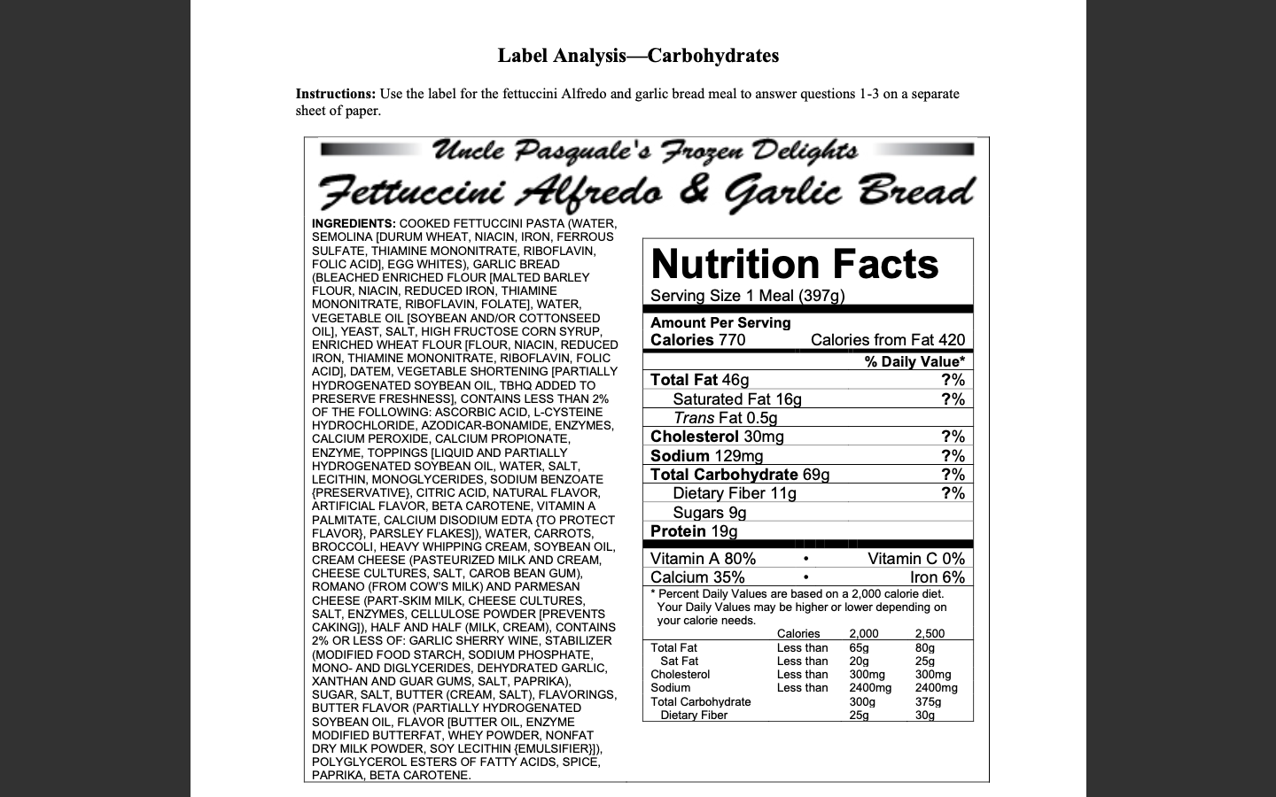 Solved Label Analysis—Carbohydrates Instructions Use the