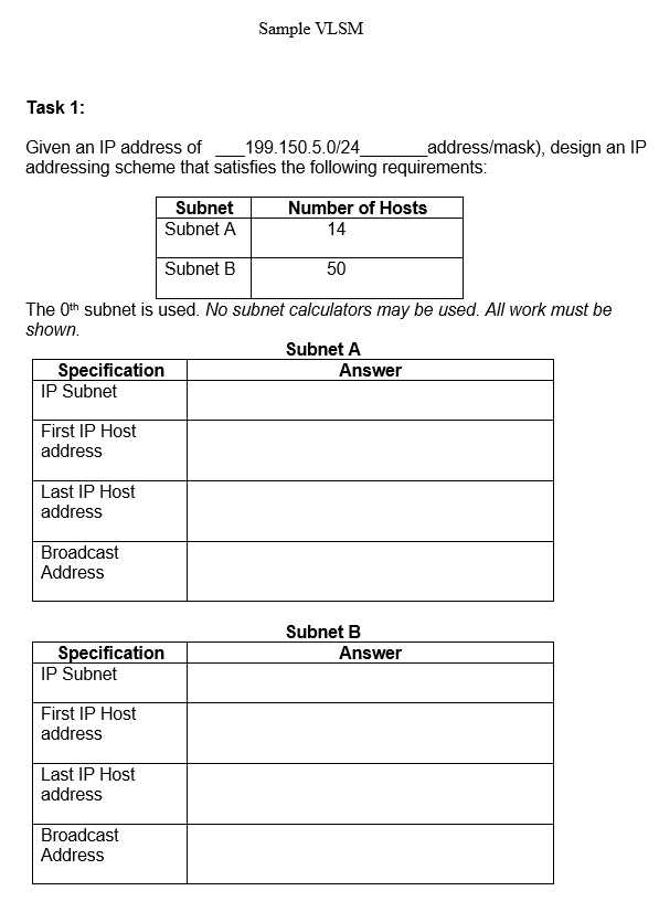 Solved Sample VLSM Task 1: Given An IP Address Of | Chegg.com