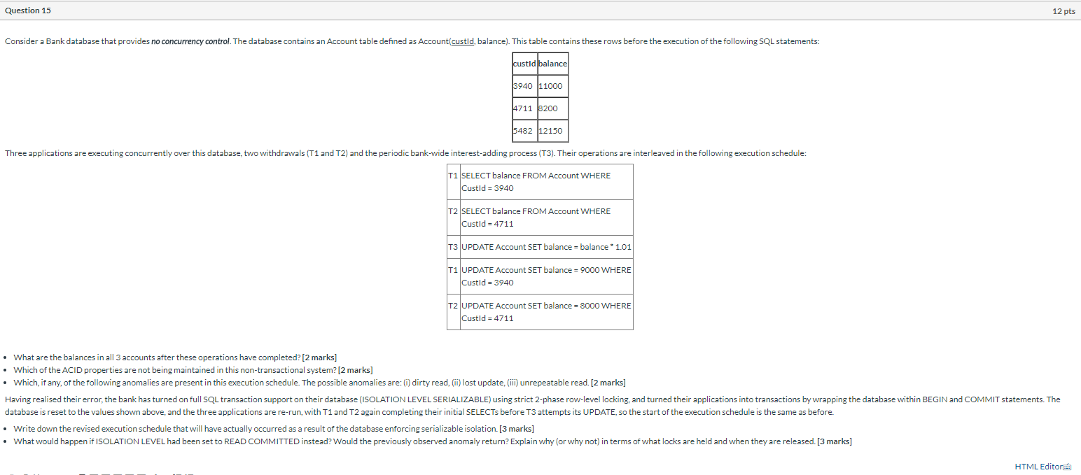 Question 15 12 pts Consider a Bank database that | Chegg.com