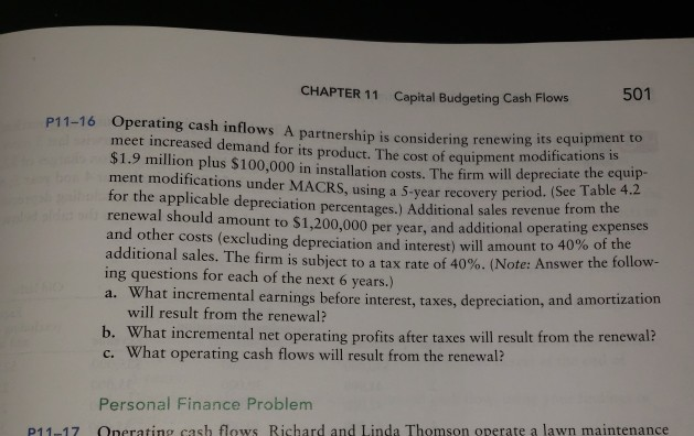 Solved CHAPTER 11 Capital Budgeting Cash Flows 501 11-16 | Chegg.com