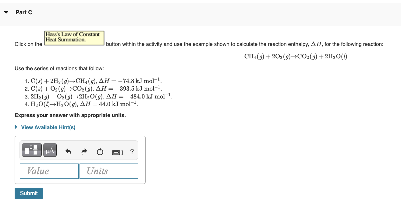 Click on the
button within the activity and use the example shown to calculate the reaction enthalpy, \( \Delta H \), for the