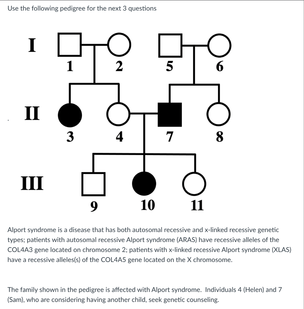 Use the following pedigree for the next 3 questions
Alport syndrome is a disease that has both autosomal recessive and \( \ma