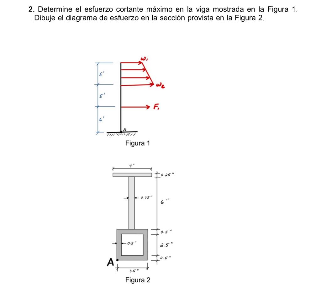 2. Determine el esfuerzo cortante máximo en la viga mostrada en la Figura 1. Dibuje el diagrama de esfuerzo en la sección pro