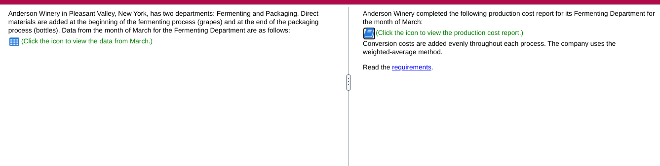Anderson Winery in Pleasant Valley, New York, has two departments: Fermenting and Packaging. Direct
materials are added at th