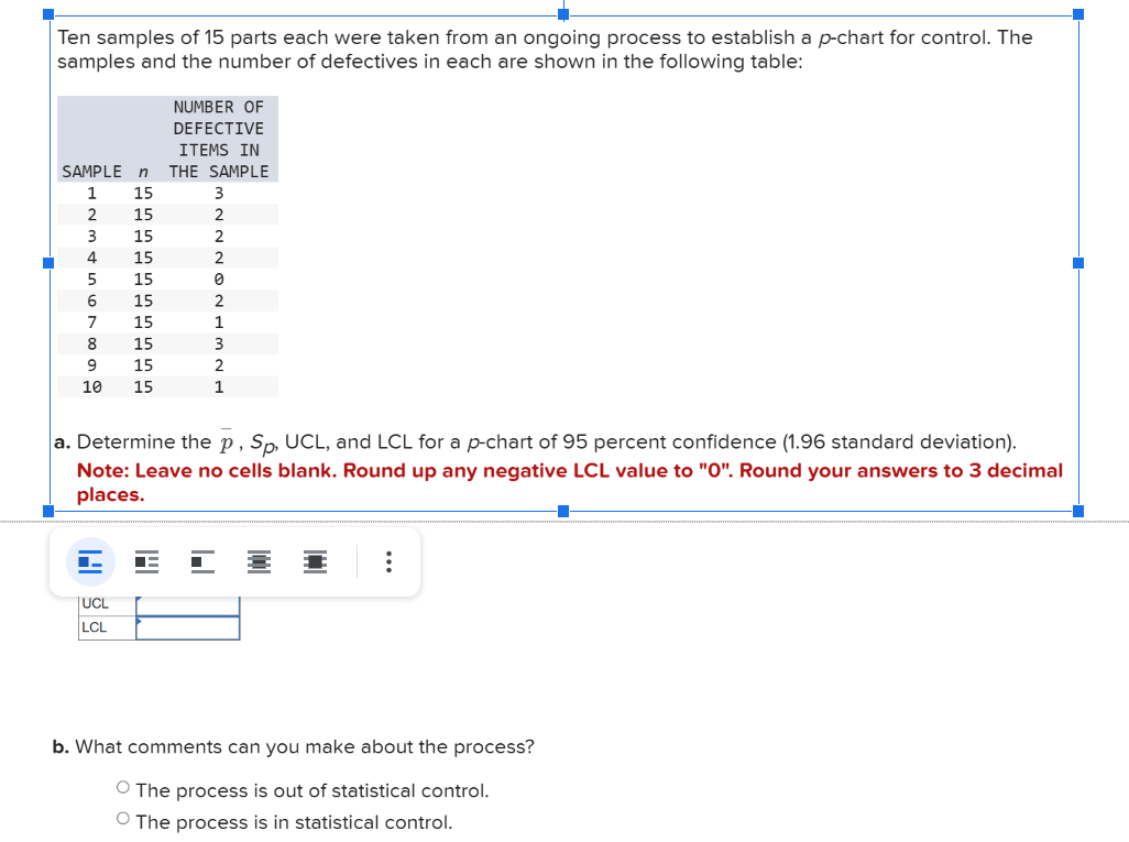 Solved Ten samples of 15 parts each were taken from an | Chegg.com