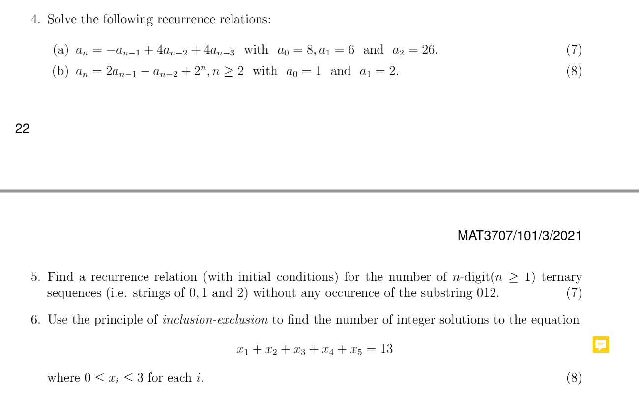 Solved 4. Solve the following recurrence relations: (7) (a) | Chegg.com