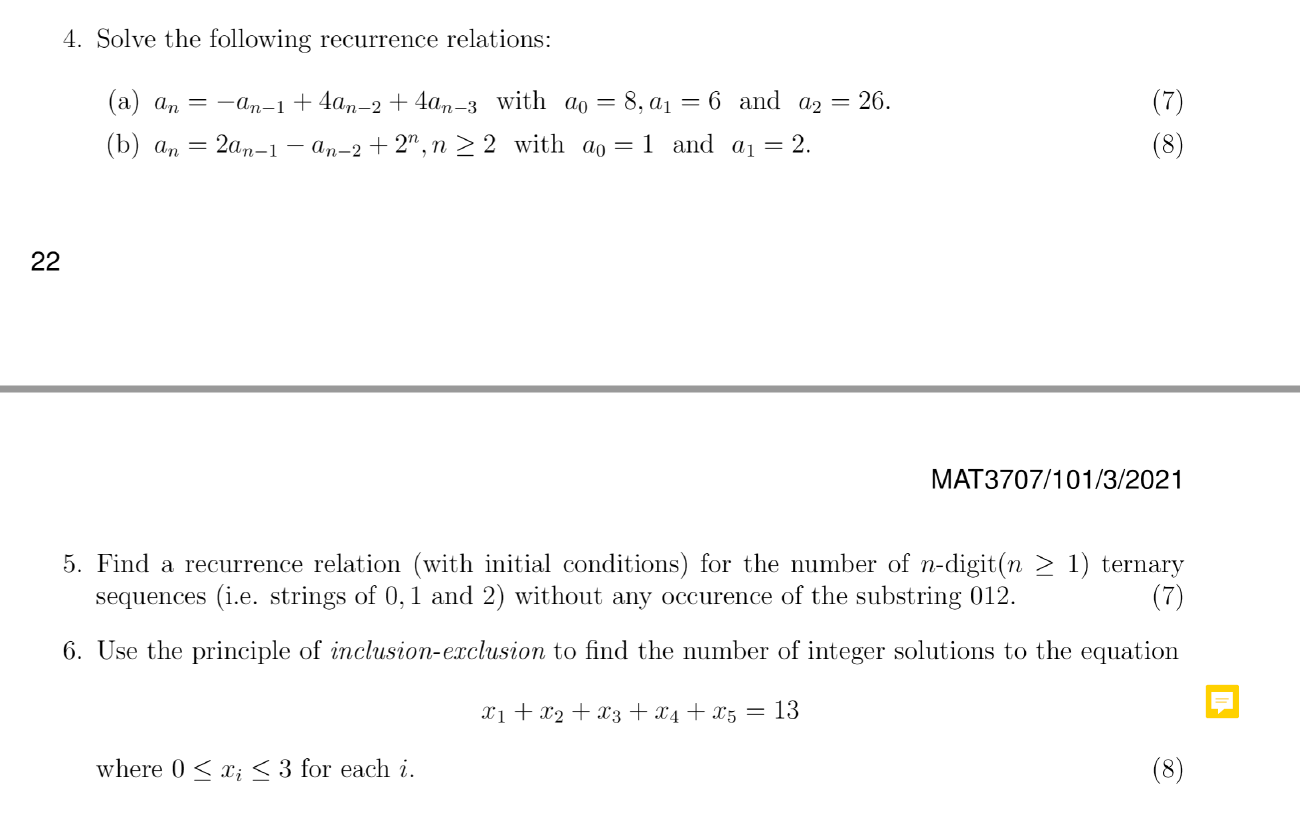 Solved 4. Solve The Following Recurrence Relations: (7) (a) | Chegg.com