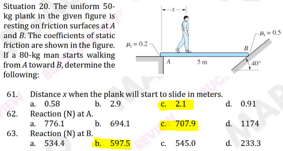 Solved Situation 20 . The Uniform 50− Kg Plank In The Given | Chegg.com