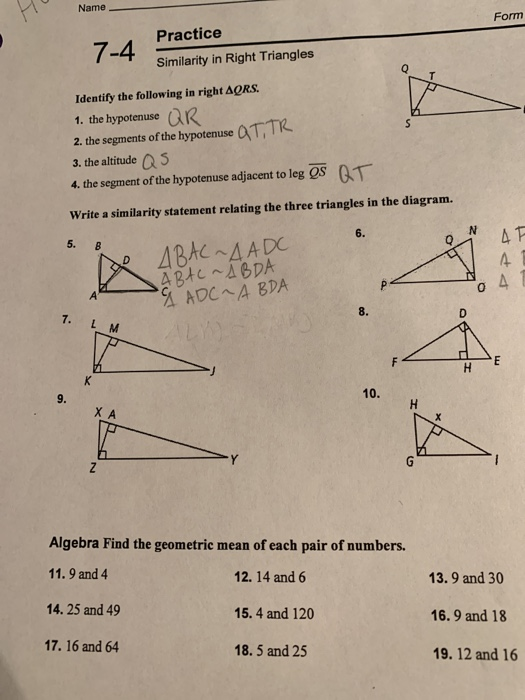 Solved Name Form 7-4 Practice Similarity in Right | Chegg.com