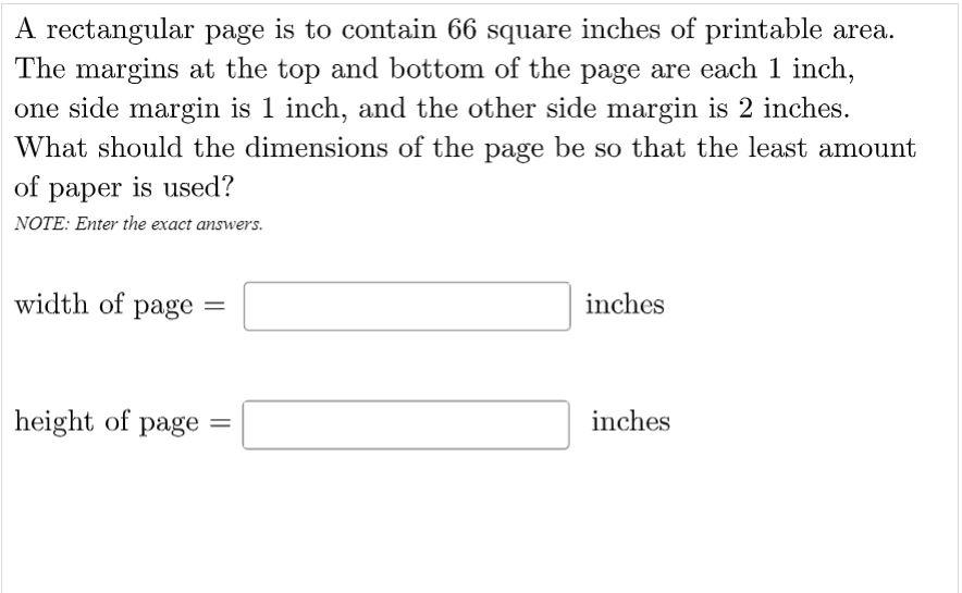 Solved A rectangular page is to contain 66 square inches of | Chegg.com