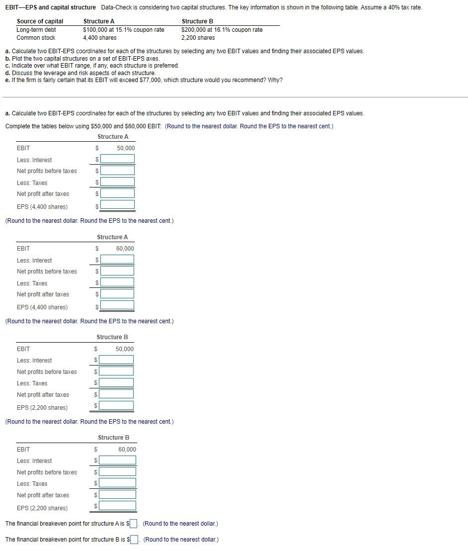 Solved EBIT-EPS And Capital Structure Data-Check Is | Chegg.com