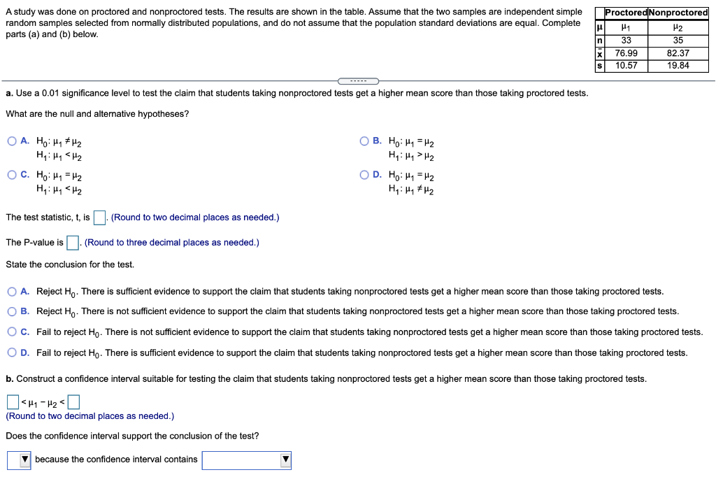 Solved A study was done on proctored and nonproctored tests. | Chegg.com