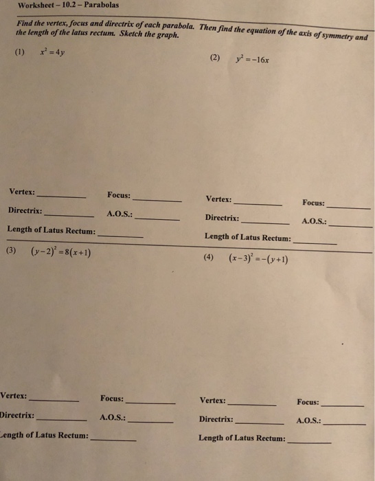 Focus And Directrix Worksheet - Ivuyteq