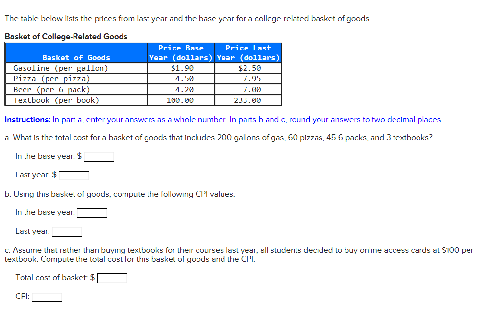 Solved The table below lists the prices from last year and