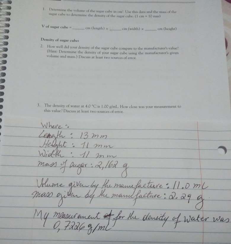 Solved 1. Determine the volume of the sugar cube in cm'. Use