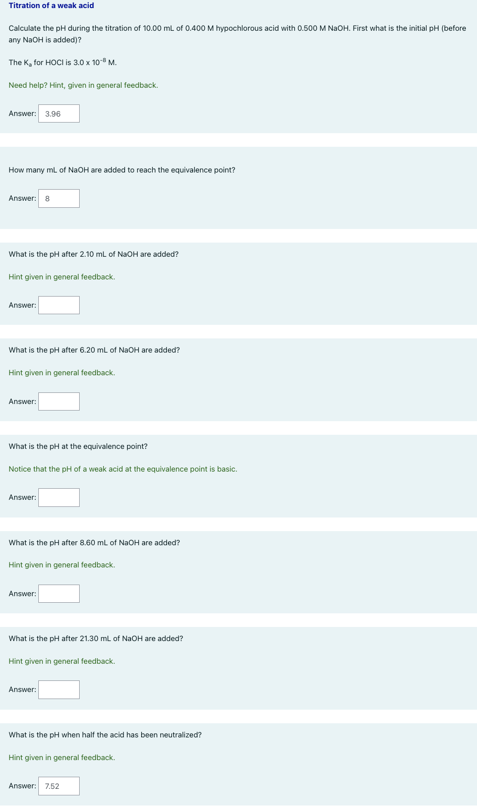 Solved Titration of a weak acid Calculate the pH during the | Chegg.com