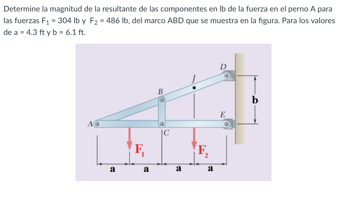 Determine la magnitud de la resultante de las componentes en lb de la fuerza en el perno A para las fuerzas \( F_{1}=304 \mat