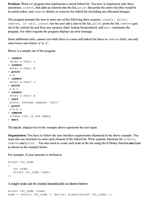 Solved Problem Write A C Program That Implements A Sorted 4666