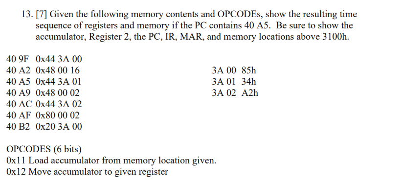 Solved 13. [7] Given the following memory contents and | Chegg.com