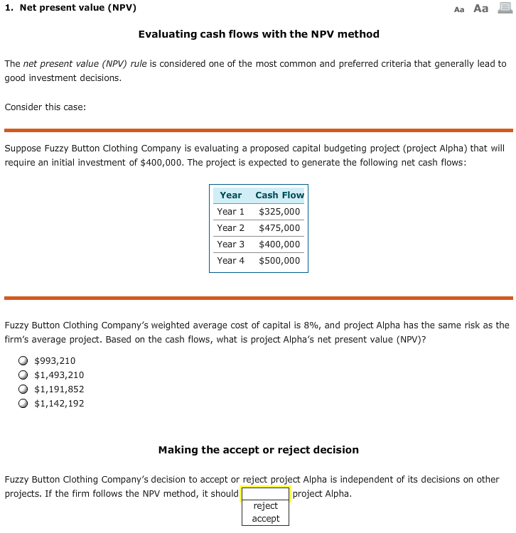 Solved 1. Net present value (NPV) Aa Aa Evaluating cash | Chegg.com