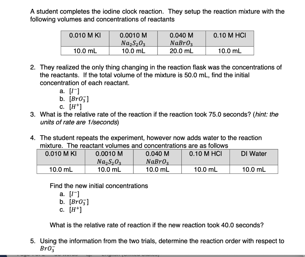 Solved A student completes the iodine clock reaction. They