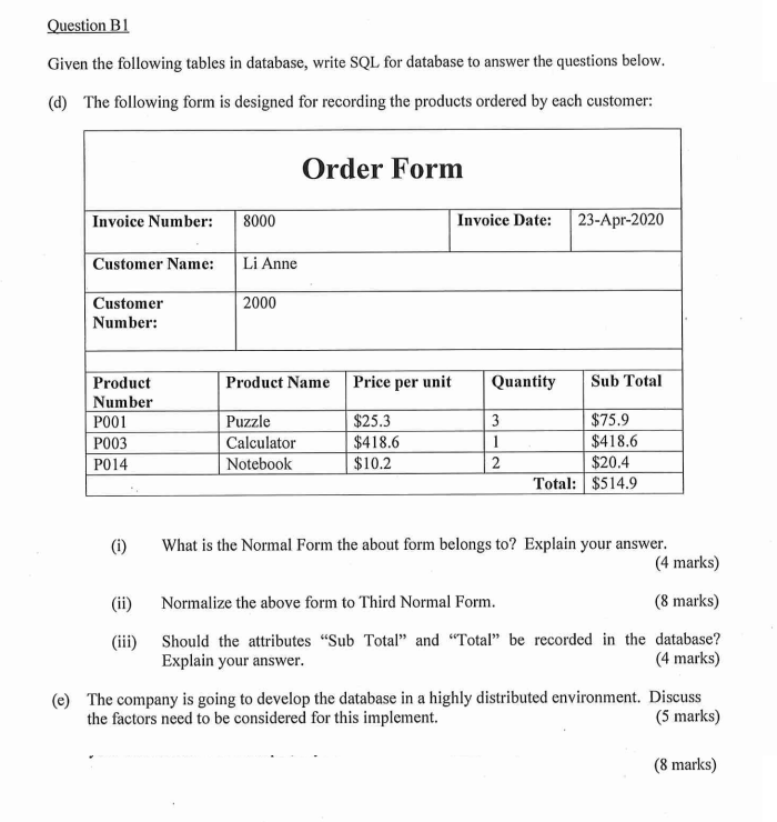Solved Question B1 Given the following tables in database, | Chegg.com