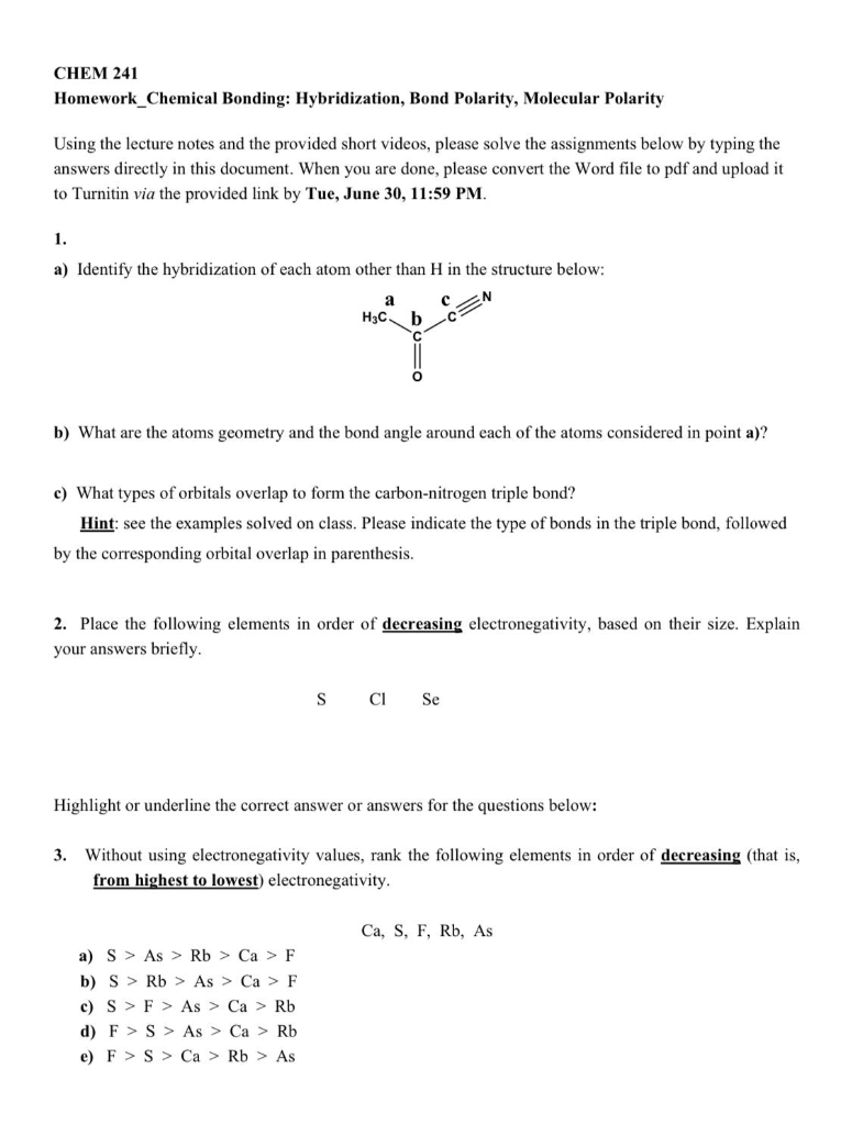 Solved CHEM 241 Homework_Chemical Bonding: Hybridization, | Chegg.com